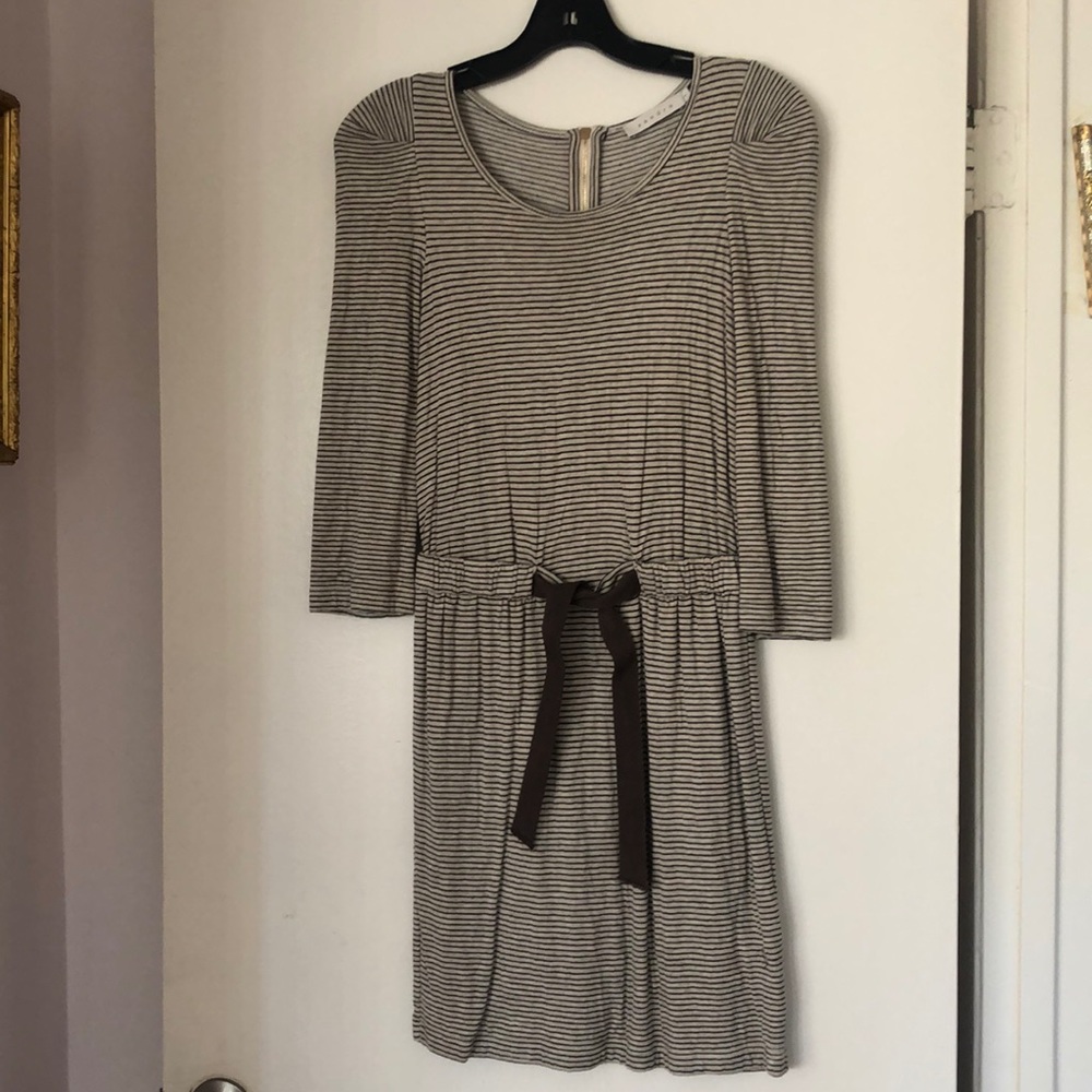 SANDRO KNIT STRIPE DRESS IN CREME/BLACK STRIPES WITH BROWN TIE